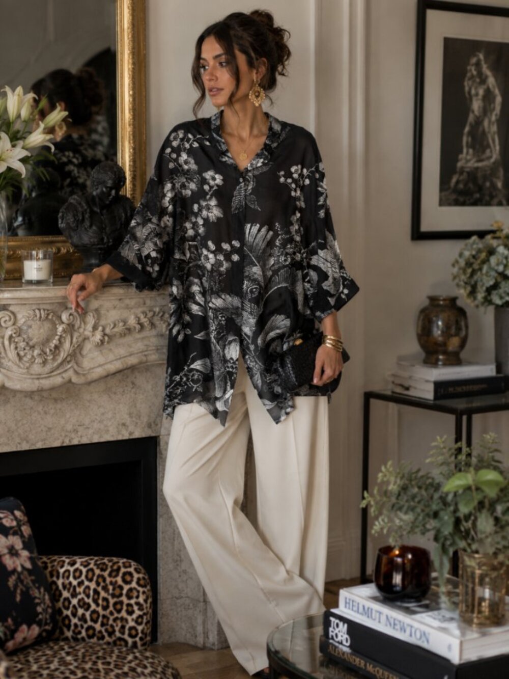 AYRTIGHT Cotton Silk Blend Floral Tunic Dolman Sleeve Boho Luxe Lagenlook Top L